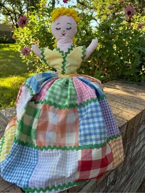 VTG 70’s Homemade Cloth Doll For Appliance Cover, Shelf Sitter Patchwork Skirt*